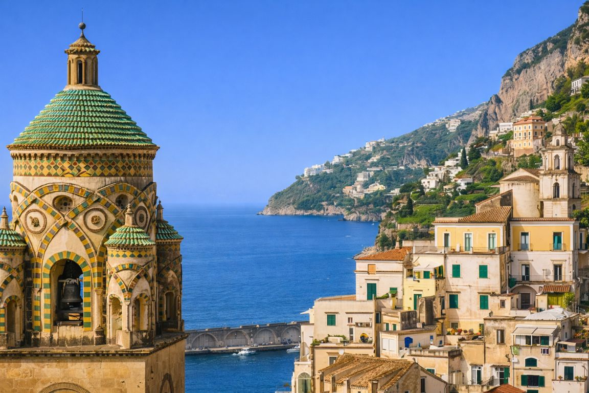 Architecture du Cloître du Paradis avec vue sur la ville d’Amalfi et la mer, photographiée lors d’une excursion avec Italy Amalfi Coast Tours