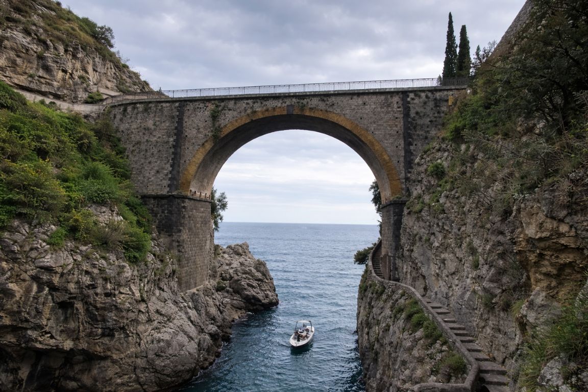 Pont en pierre du fjord de Furore et falaises spectaculaires de la côte amalfitaine lors d’une visite guidée avec Italy Amalfi Coast Tours