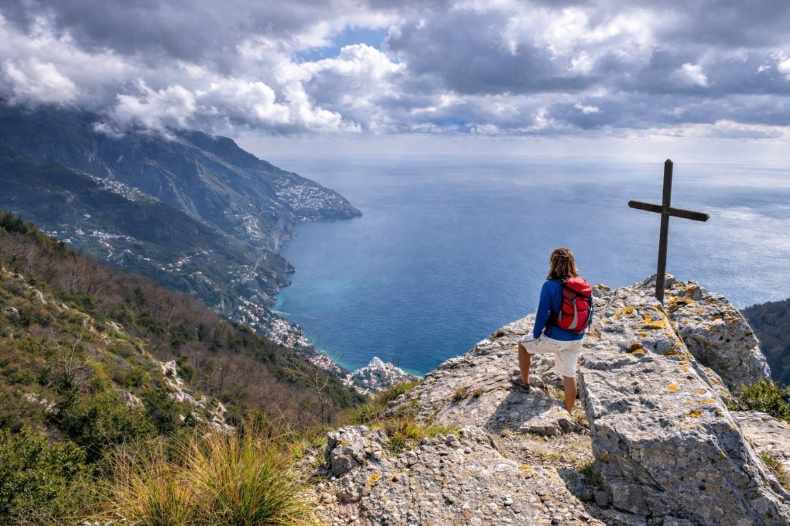 Voyageur debout sur le sentier des Dieux au-dessus de Positano lors d’une aventure avec Italy Amalfi Coast Tours.