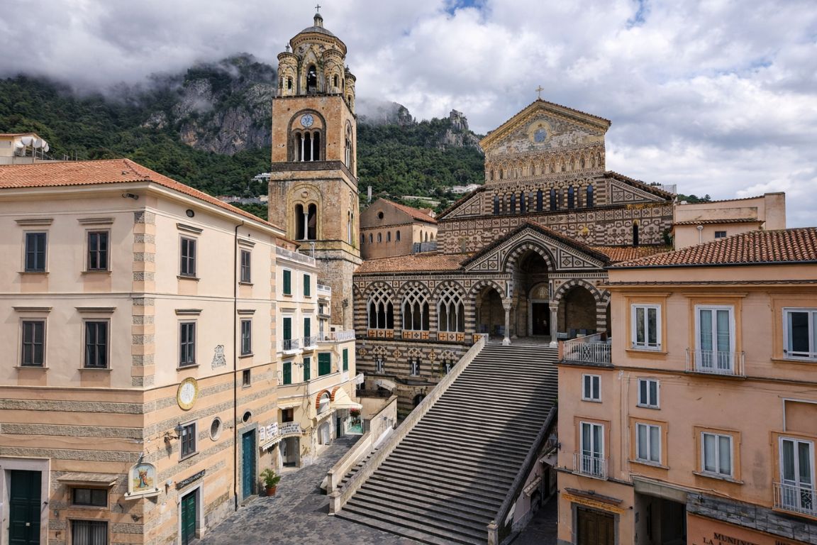 Piazza Duomo à Amalfi, l’escalier de la cathédrale dominant la place