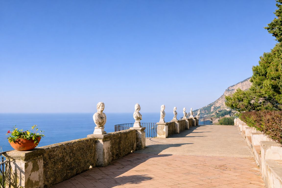 Vue panoramique sur la mer depuis la Terrasse de l’Infini à Ravello lors d’un itinéraire Italy Amalfi Coast Tours