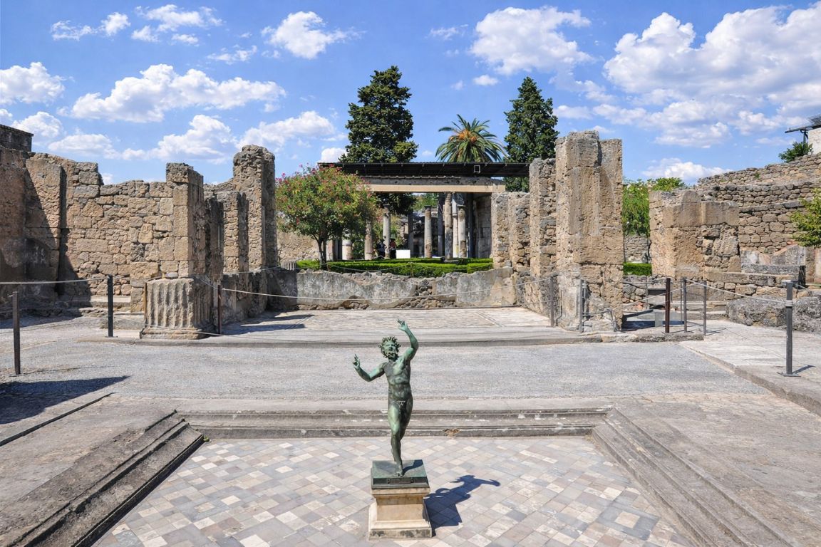House of the Faun in Pompeii featuring the famous Dancing Faun statue during guided visit with Italy Amalfi Coast Tours