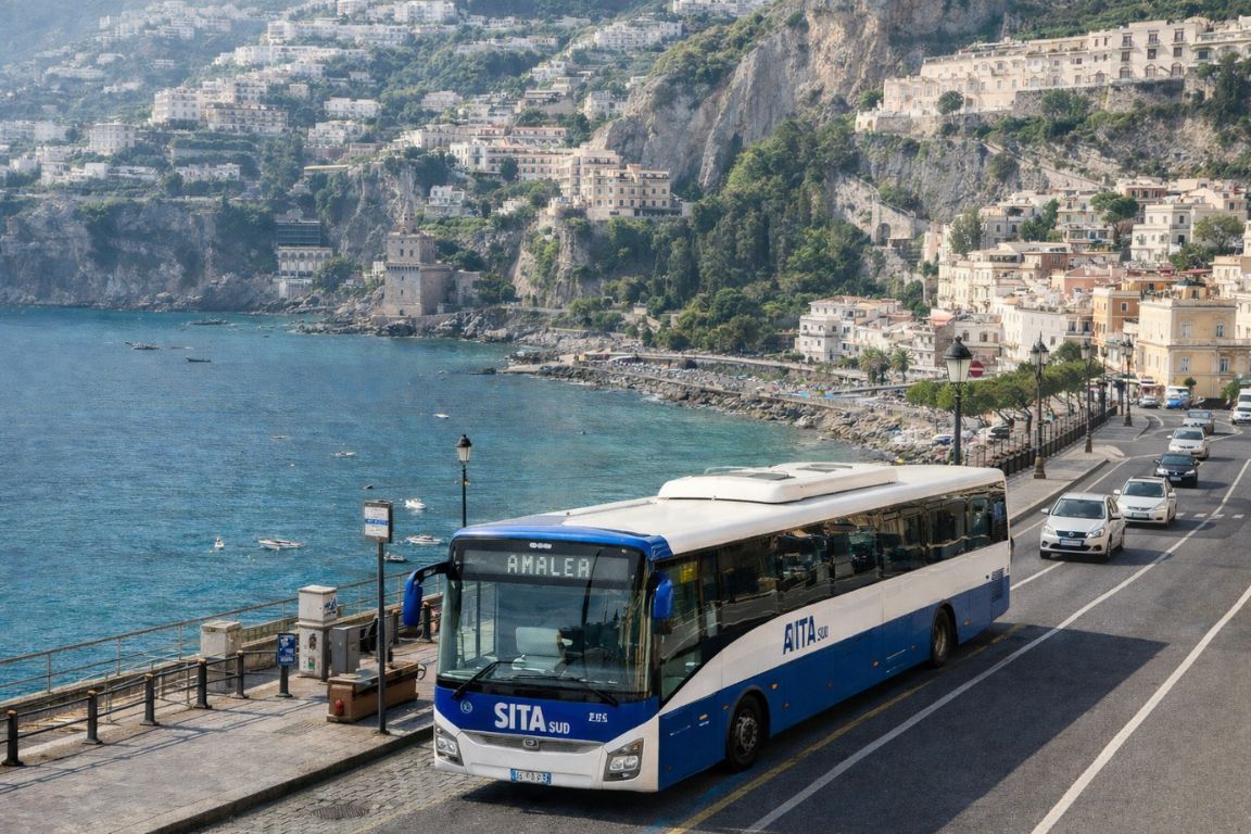 SITA bus driving past Amalfi’s coastal cliffs as part of an Italy Amalfi Coast Tours experience.